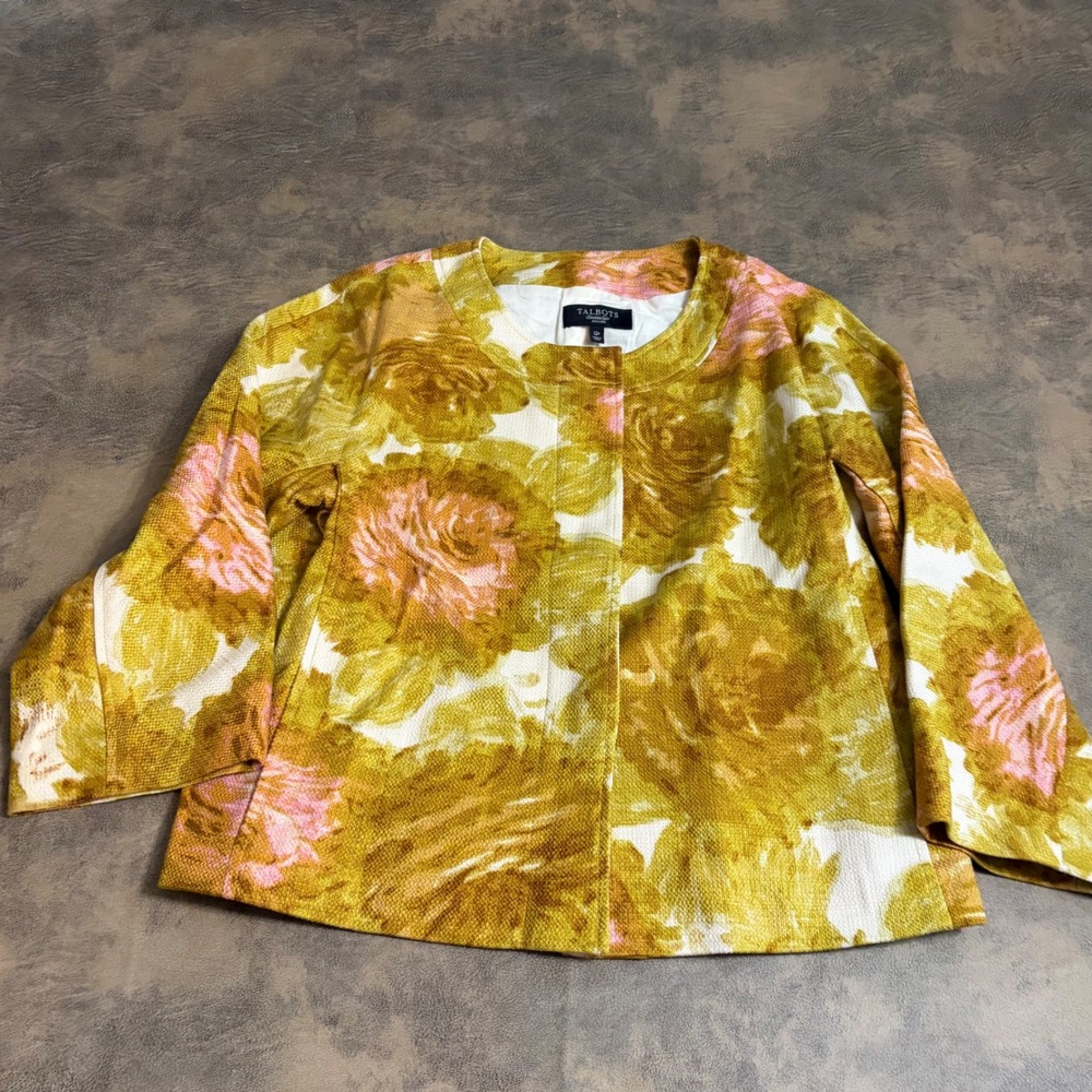 Talbots Jacket Womens 12P Yellow Pink Floral Cotton Textured Cropped Blazer